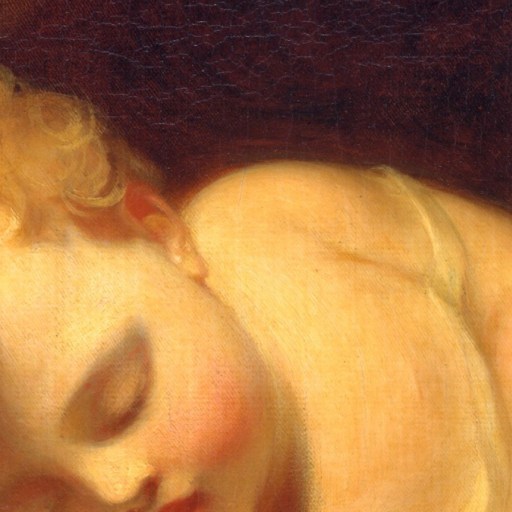 Close-up of a classical painting depicting a sleeping child with curly blonde hair, rosy cheeks, and closed eyes—lying on their side against a dark background, capturing the peaceful transition between wakefulness and consciousness.