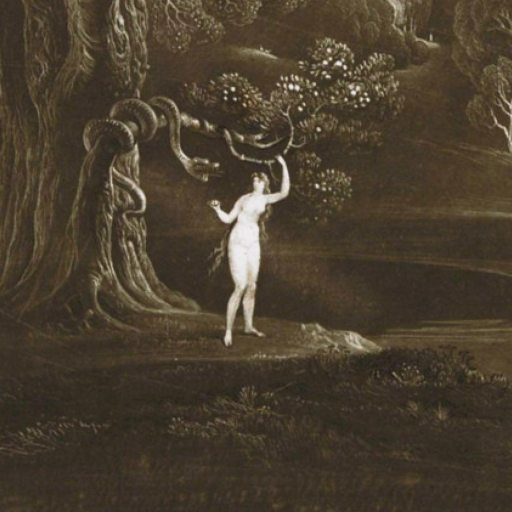 A figure stands beneath a tree with a serpent coiled on the branches, in a dense, shadowy forest clearing.