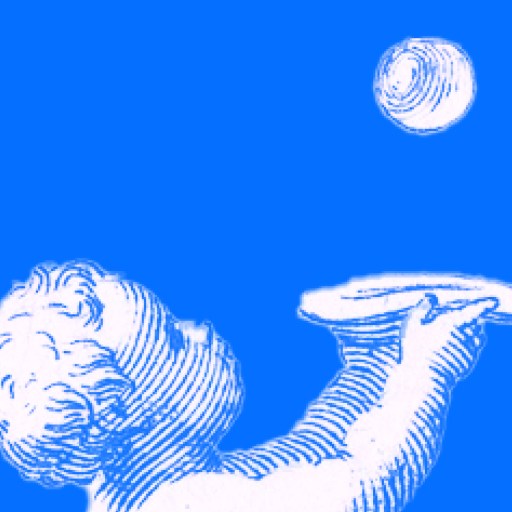A vintage-style illustration of a child holding up a plate and looking at a ball or orb floating above it, set against a solid blue background.