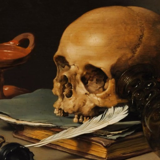 a painting of a human skull on a table.