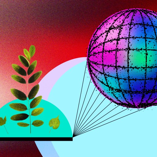 a computer generated image of a balloon and a plant.
