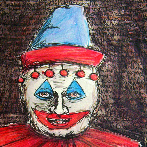 a drawing of a clown wearing a red and blue hat.