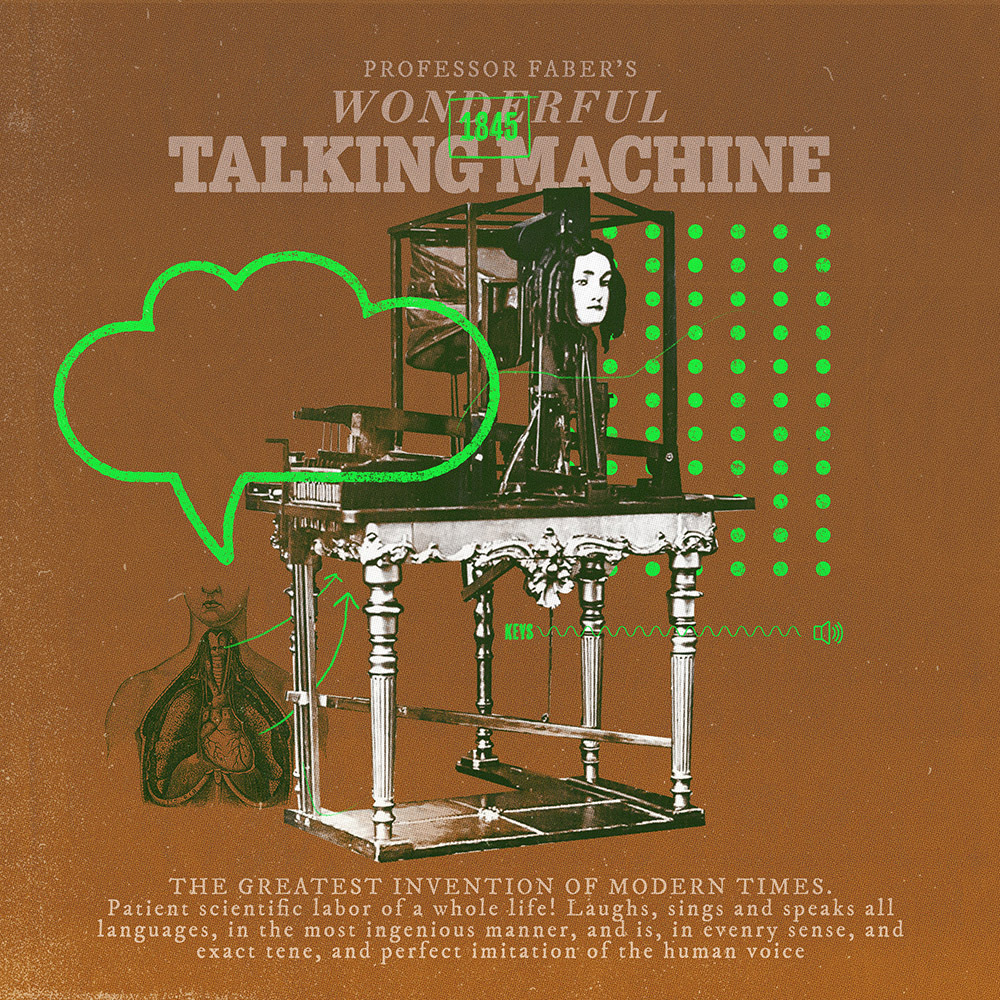 a drawing of a woman talking to a machine.