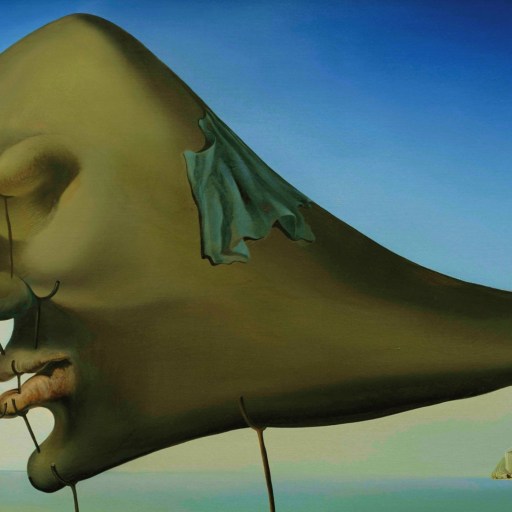 A surreal painting shows a large distorted human face with closed eyes, supported by sticks, floating above a calm landscape with a boat and building in the background.