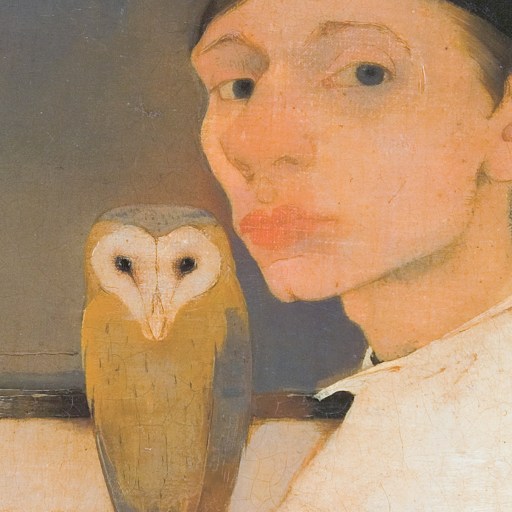 a painting of a man with an owl on his shoulder.