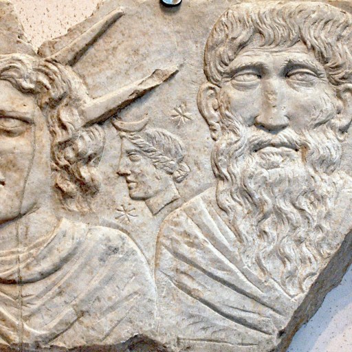 A close up of a carving on a wall showing Sol Invictus