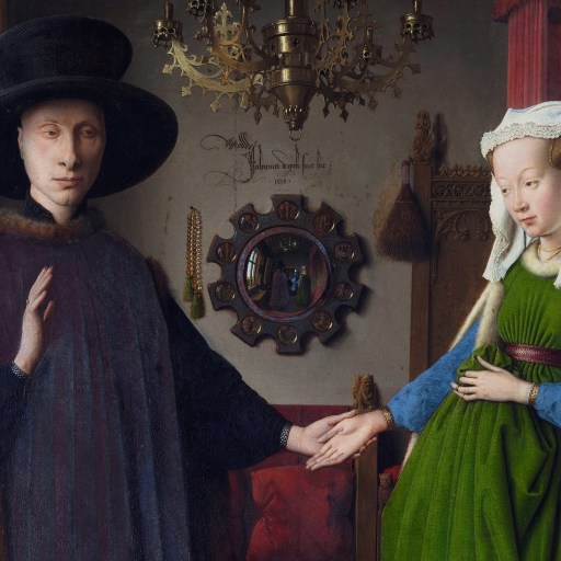a painting of a woman shaking hands with a man.
