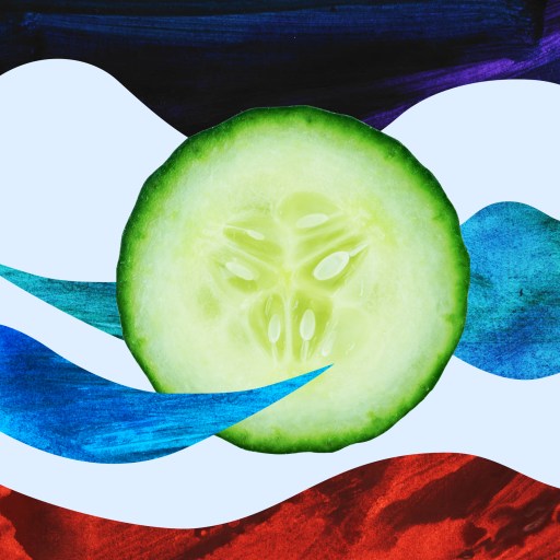 a painting of a cucumber with a face on it.