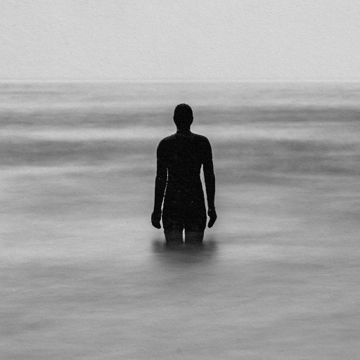 A person standing in the ocean captured in a haunting black and white photo.