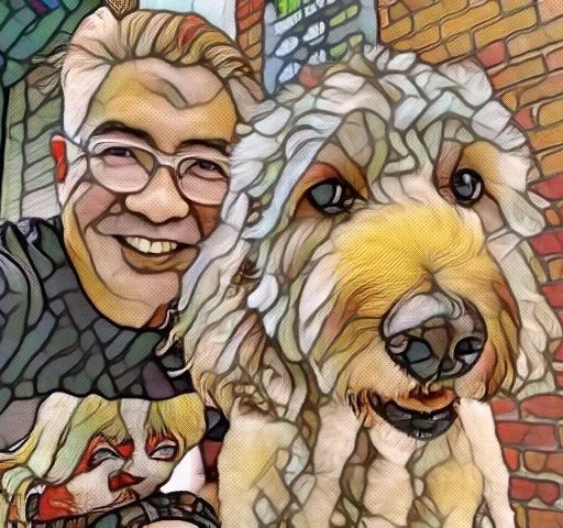 a painting of a man and his dog.