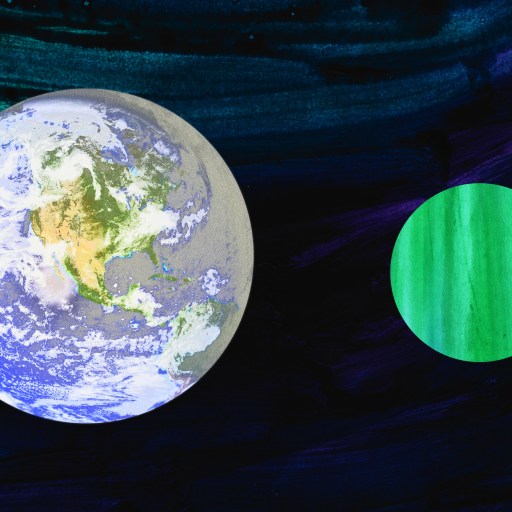 a painting of a green and a blue planet.
