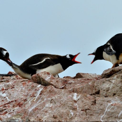 a group of penguins standing on top of a rock.