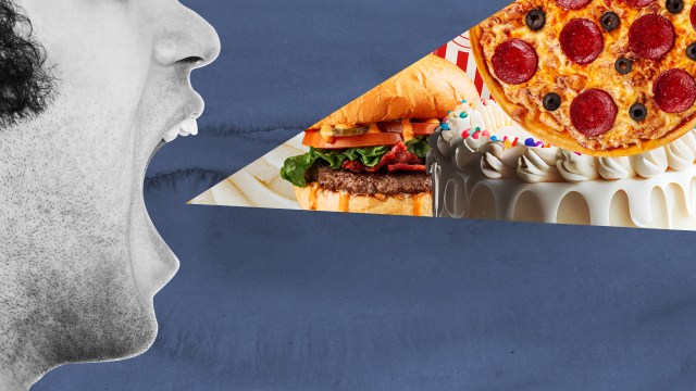 a man opening his mouth to see a slice of pizza.