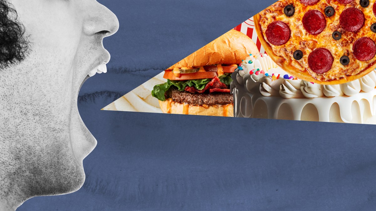 a man opening his mouth to see a slice of pizza.