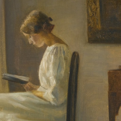A woman in a white dress sits on a chair by a window, reading a book in a softly lit room with a piano nearby, embodying the quiet charm of why read old books.