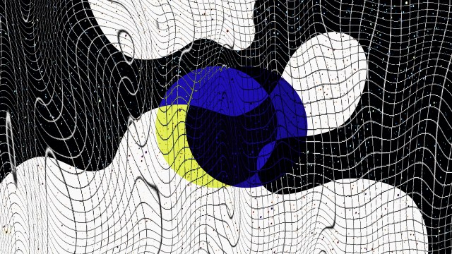 a painting of a blue and yellow ball on a black background.