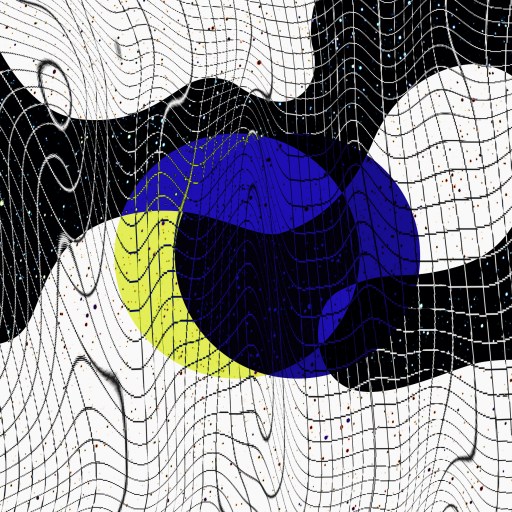 a painting of a blue and yellow ball on a black background.