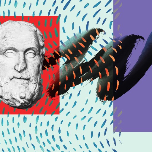 a painting of a bust of a man with a red and blue background.