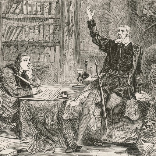 a black and white drawing of two men in a library.