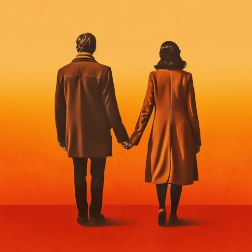 a man and a woman holding hands in front of an orange background.