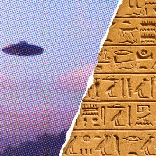 an image of an alien flying over a pyramid.