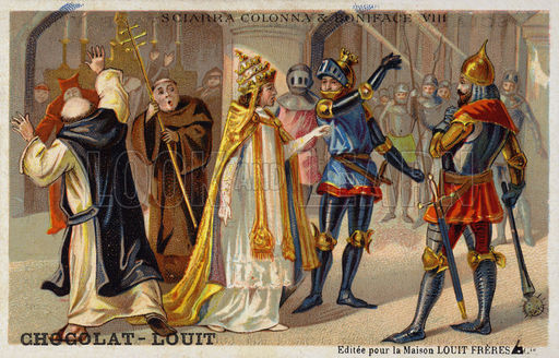 A stamp with a picture of Sciarra Colonna slapping Pope Boniface VIII across the face.