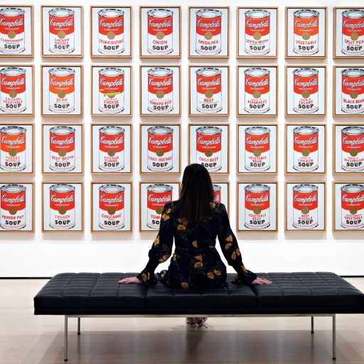 A woman sitting on a bench in front Andy Warhol's Campbell's Soup Cans.