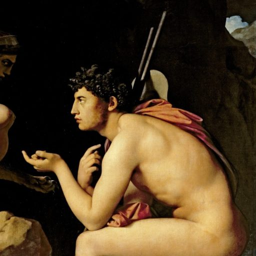 a painting of a naked man holding a sword.