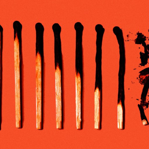 Eight burnt matchsticks stand upright on an orange background, with the last match forming a scattered, crumbling silhouette.