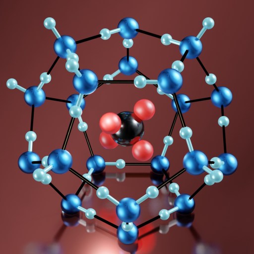 a 3d model of a structure with blue and red balls.