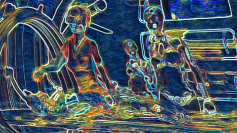 a painting of a man and a woman sitting on a bench.