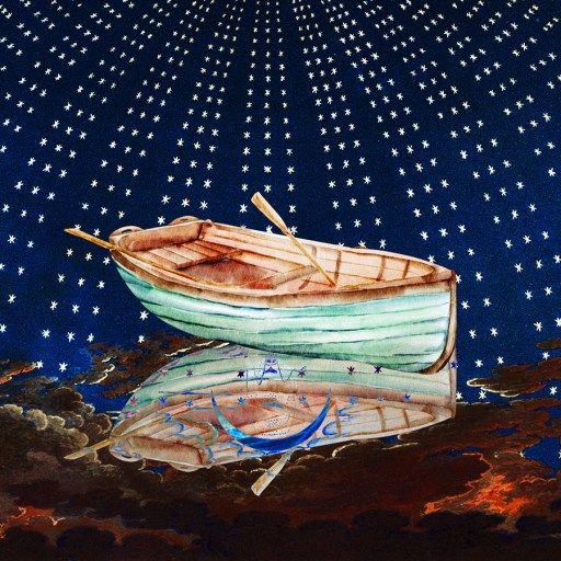 a painting of a boat floating on a body of water.