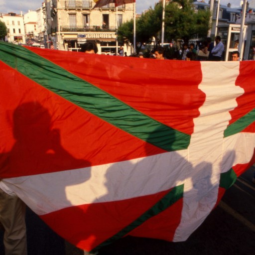 a man holding a large red, green and white flag.
