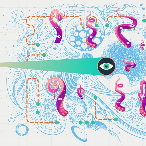 a drawing of a green and pink object with a sailboat in the background.