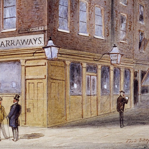 a painting of a man standing outside of a building.