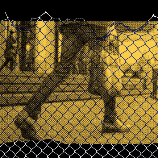 a black and white photo of a person behind a fence.