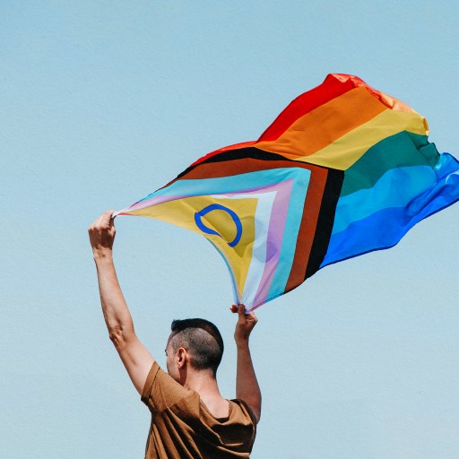 a woman holding a rainbow colored kite in the air.