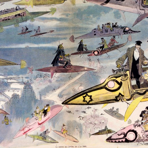 a painting of a group of people flying over a city.