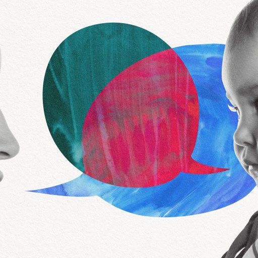 A woman and a baby engaging in language exchange through speech bubbles.