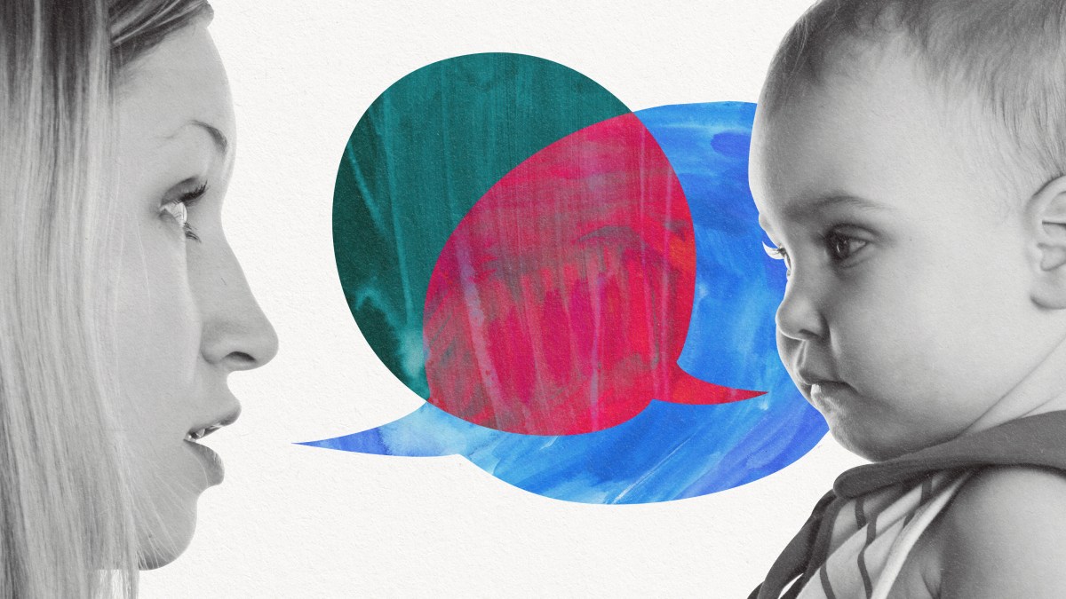 A woman and a baby engaging in language exchange through speech bubbles.