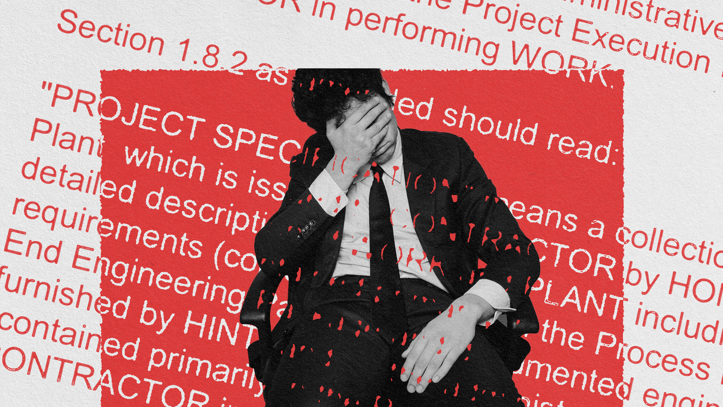 a man in a suit and tie covering his face with his hands.