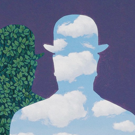 a painting of a man standing next to a tree.