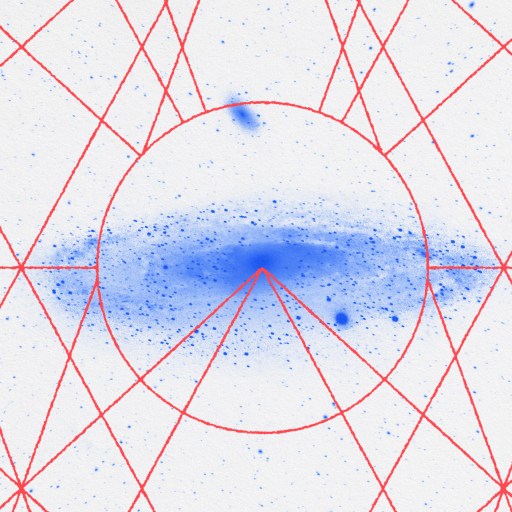 a blue circle surrounded by red lines on a white background.