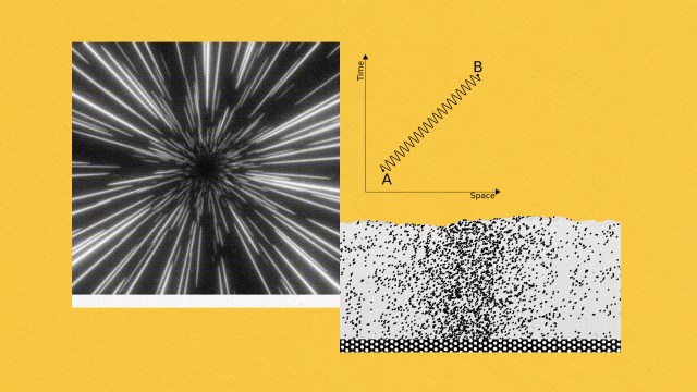 a black and white photo with a yellow background.