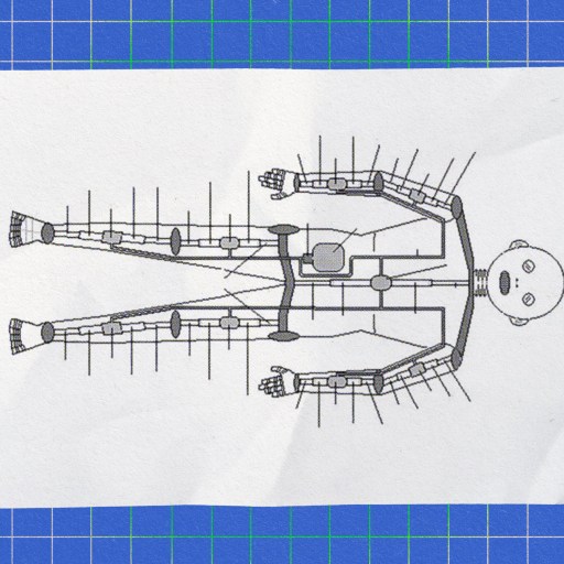A golden age robotics-inspired drawing of a human body on paper.