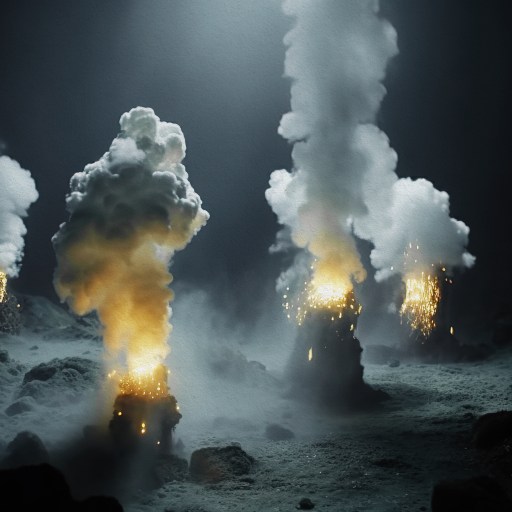 a group of people standing in a cave with smoke coming out of it.