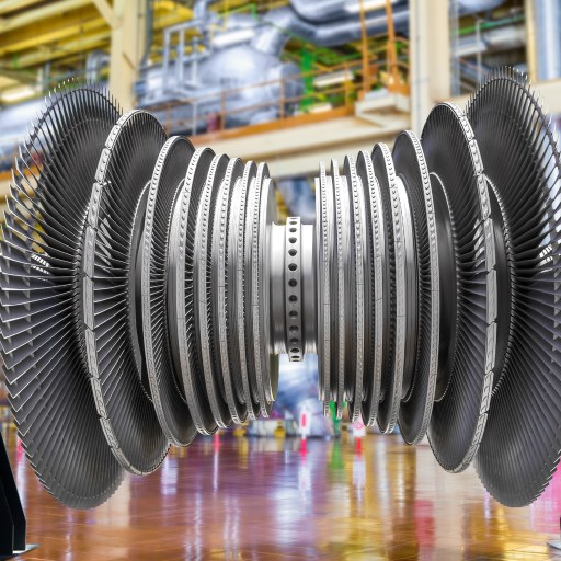 a large industrial turbine in a factory.