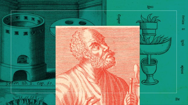 A drawing of a man with a beard and a pot.