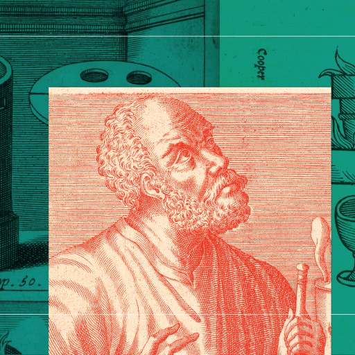 A drawing of a man with a beard and a pot.