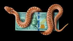 A snake is sitting on top of a dollar bill.